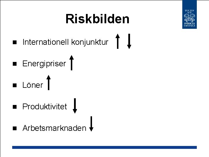 Riskbilden n Internationell konjunktur n Energipriser n Löner n Produktivitet n Arbetsmarknaden 