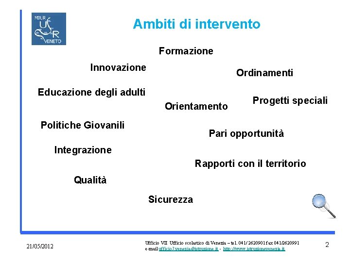 Ambiti di intervento Formazione Innovazione Ordinamenti Educazione degli adulti Orientamento Politiche Giovanili Progetti speciali