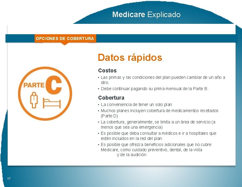 Medicare Explicado OPCIONES DE COBERTURA Datos rápidos Costos • Las primas y las condiciones