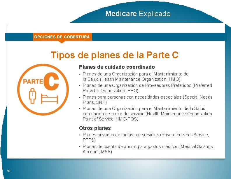 Medicare Explicado OPCIONES DE COBERTURA Tipos de planes de la Parte C Planes de