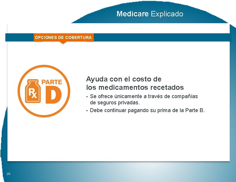 Medicare Explicado OPCIONES DE COBERTURA Ayuda con el costo de los medicamentos recetados •