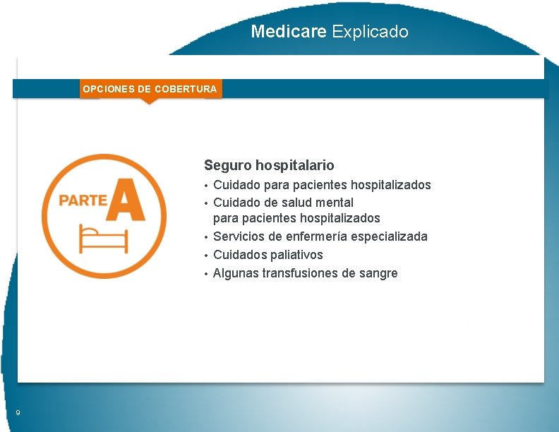 Medicare Explicado OPCIONES DE COBERTURA Seguro hospitalario • Cuidado para pacientes hospitalizados • Cuidado