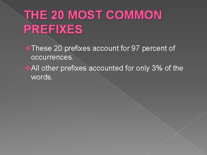THE 20 MOST COMMON PREFIXES v. These 20 prefixes account for 97 percent of