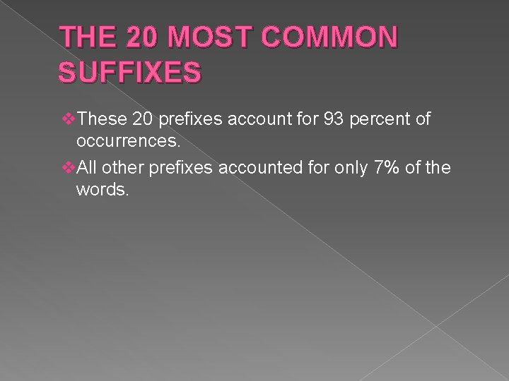 THE 20 MOST COMMON SUFFIXES v. These 20 prefixes account for 93 percent of