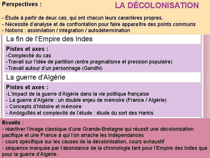 Perspectives : LA DÉCOLONISATION - Étude à partir de deux cas, qui ont chacun