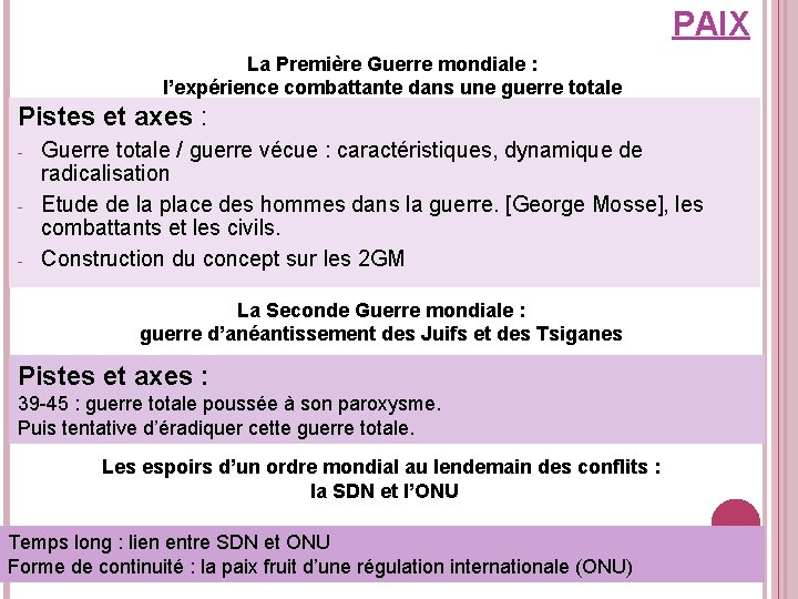 PAIX La Première Guerre mondiale : l’expérience combattante dans une guerre totale Pistes et