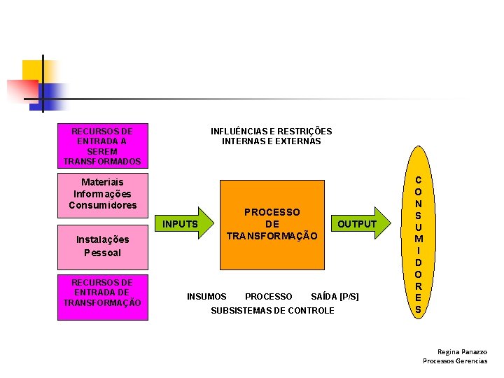 RECURSOS DE ENTRADA A SEREM TRANSFORMADOS INFLUÊNCIAS E RESTRIÇÕES INTERNAS E EXTERNAS Materiais Informações