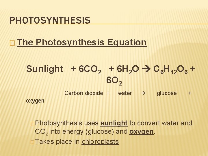 PHOTOSYNTHESIS � The Photosynthesis Equation Sunlight + 6 CO 2 + 6 H 2