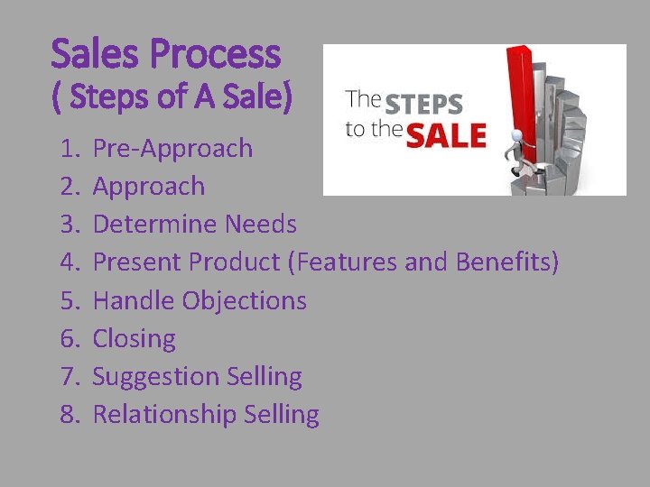 Sales Process ( Steps of A Sale) 1. 2. 3. 4. 5. 6. 7.