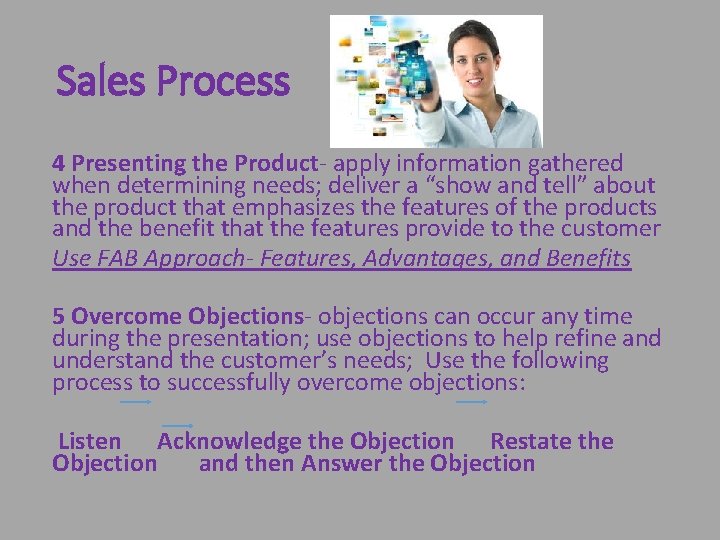 Sales Process 4 Presenting the Product- apply information gathered when determining needs; deliver a