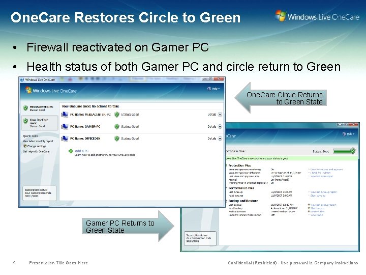 One. Care Restores Circle to Green • Firewall reactivated on Gamer PC • Health
