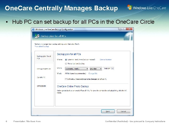One. Care Centrally Manages Backup • Hub PC can set backup for all PCs