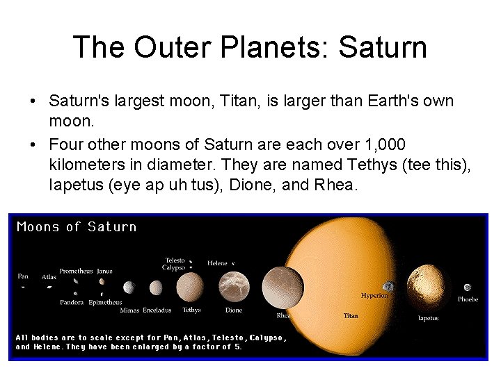 The Outer Planets: Saturn • Saturn's largest moon, Titan, is larger than Earth's own