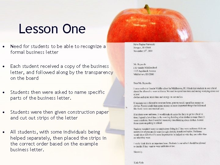 Lesson One • Need for students to be able to recognize a formal business