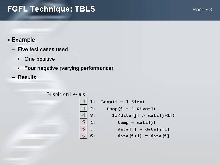 FGFL Technique: TBLS Page 8 Example: – Five test cases used • One positive