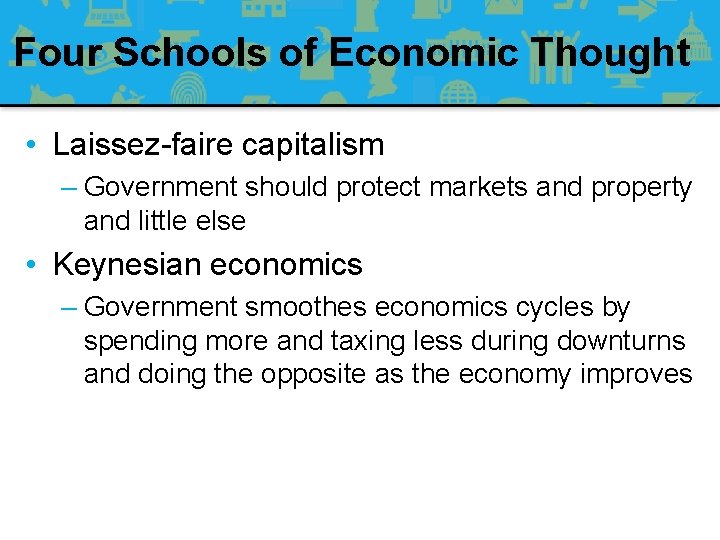 Four Schools of Economic Thought • Laissez-faire capitalism – Government should protect markets and