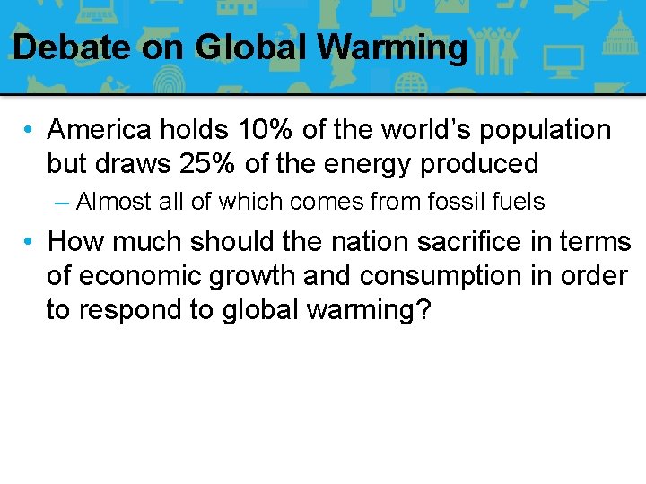 Debate on Global Warming • America holds 10% of the world’s population but draws