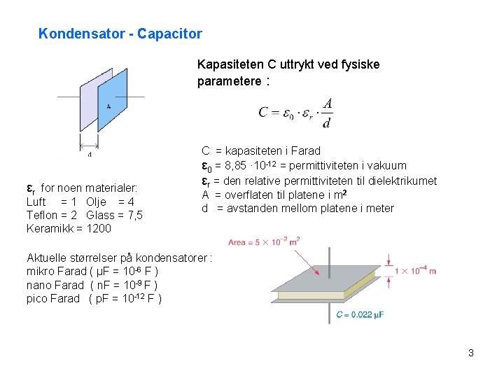 Kondensator - Capacitor Kapasiteten C uttrykt ved fysiske parametere : εr for noen materialer: