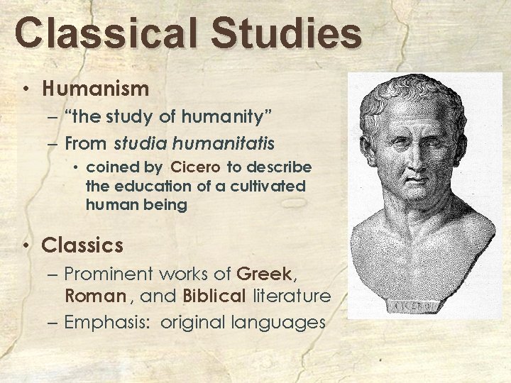 Classical Studies • Humanism – “the study of humanity” – From studia humanitatis •