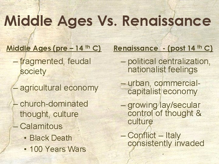 Middle Ages Vs. Renaissance Middle Ages (pre – 14 th C) Renaissance - (post