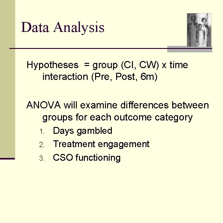 Data Analysis Hypotheses = group (CI, CW) x time interaction (Pre, Post, 6 m)