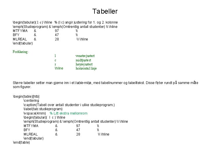 Tabeller begin{tabular}{ l c} hline % {l c} angir justering for 1. og 2.