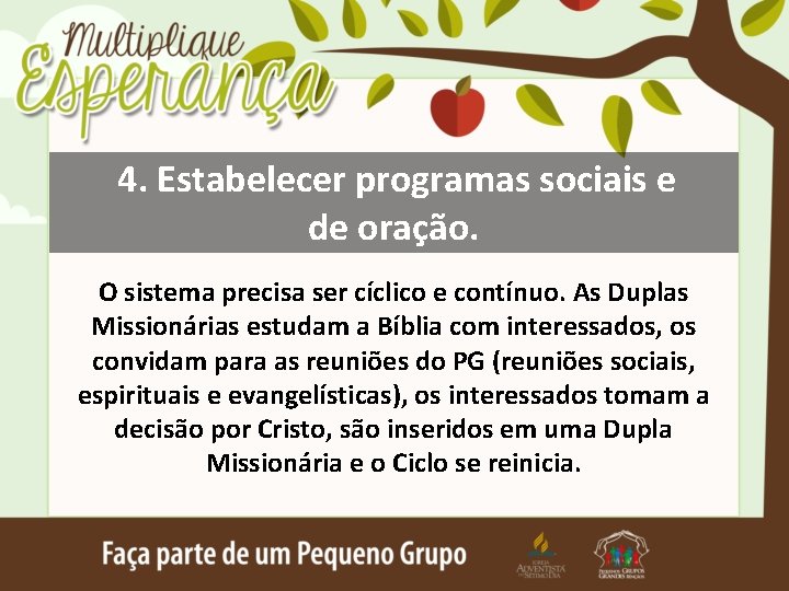 4. Estabelecer programas sociais e de oração. O sistema precisa ser cíclico e contínuo.