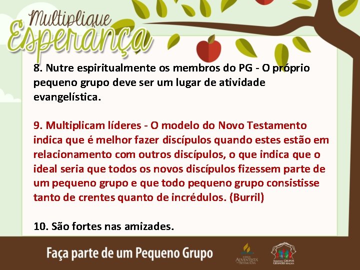 8. Nutre espiritualmente os membros do PG - O próprio pequeno grupo deve ser