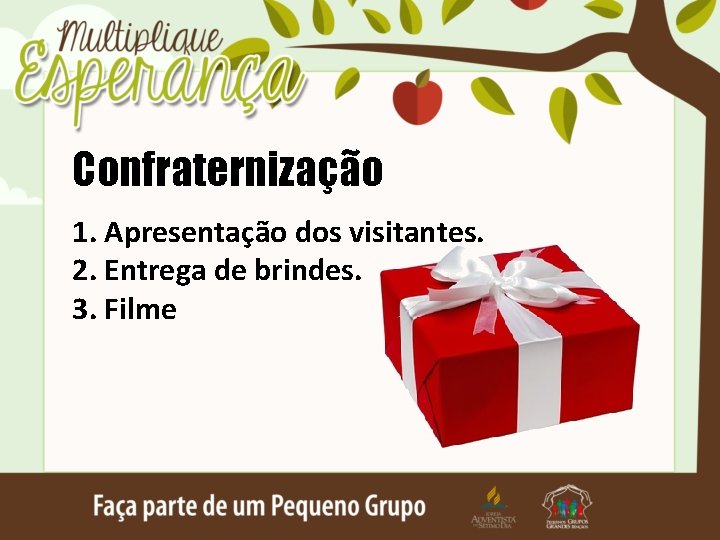 Confraternização 1. Apresentação dos visitantes. 2. Entrega de brindes. 3. Filme 