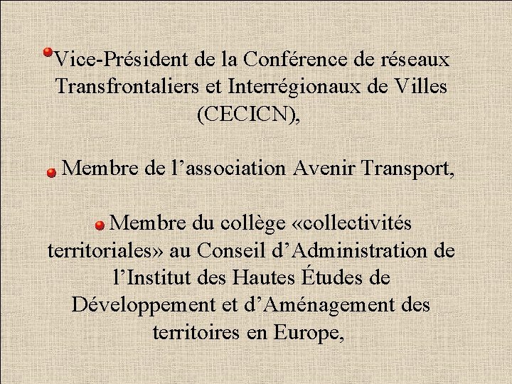 Vice-Président de la Conférence de réseaux Transfrontaliers et Interrégionaux de Villes (CECICN), - Membre