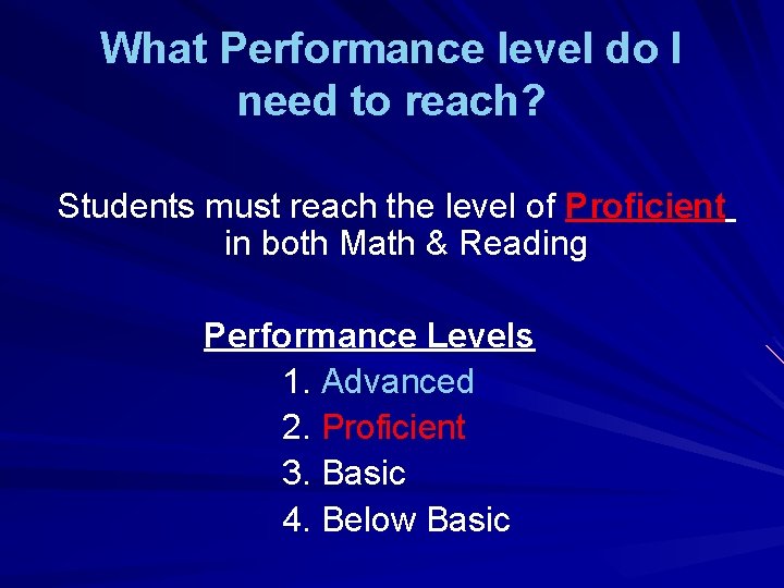 What Performance level do I need to reach? Students must reach the level of