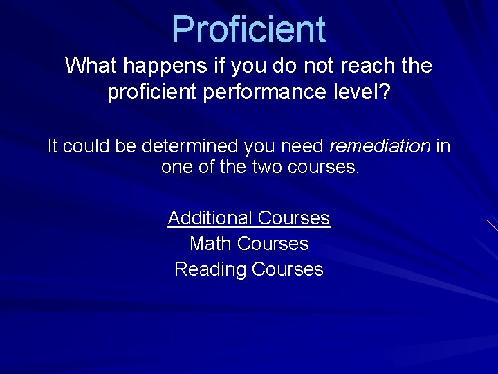 Proficient What happens if you do not reach the proficient performance level? It could