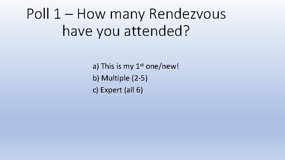 Poll 1 – How many Rendezvous have you attended? a) This is my 1