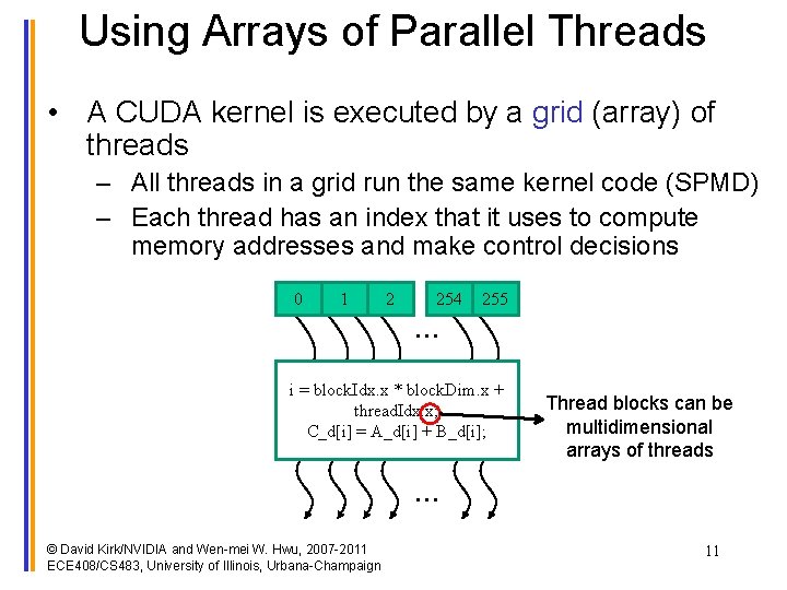 Using Arrays of Parallel Threads • A CUDA kernel is executed by a grid