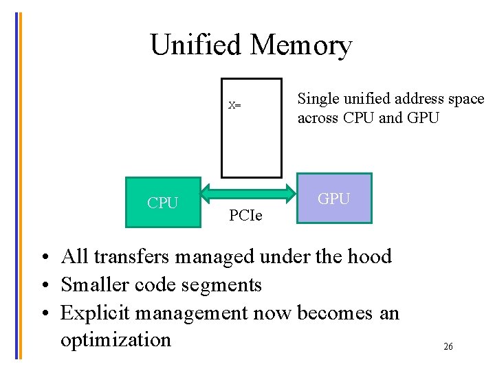 Unified Memory X= CPU PCIe Single unified address space across CPU and GPU •