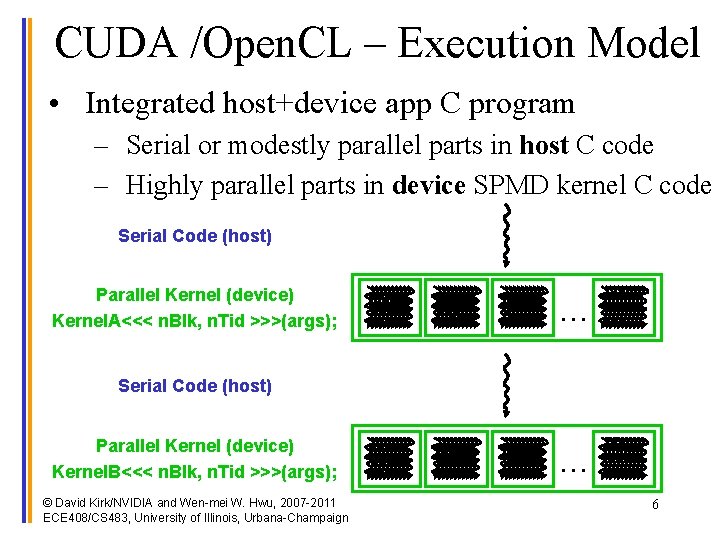 CUDA /Open. CL – Execution Model • Integrated host+device app C program – Serial