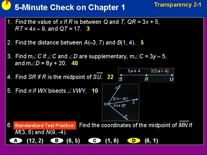 Transparency 2 -1 5 -Minute Check on Chapter 1 1. Find the value of