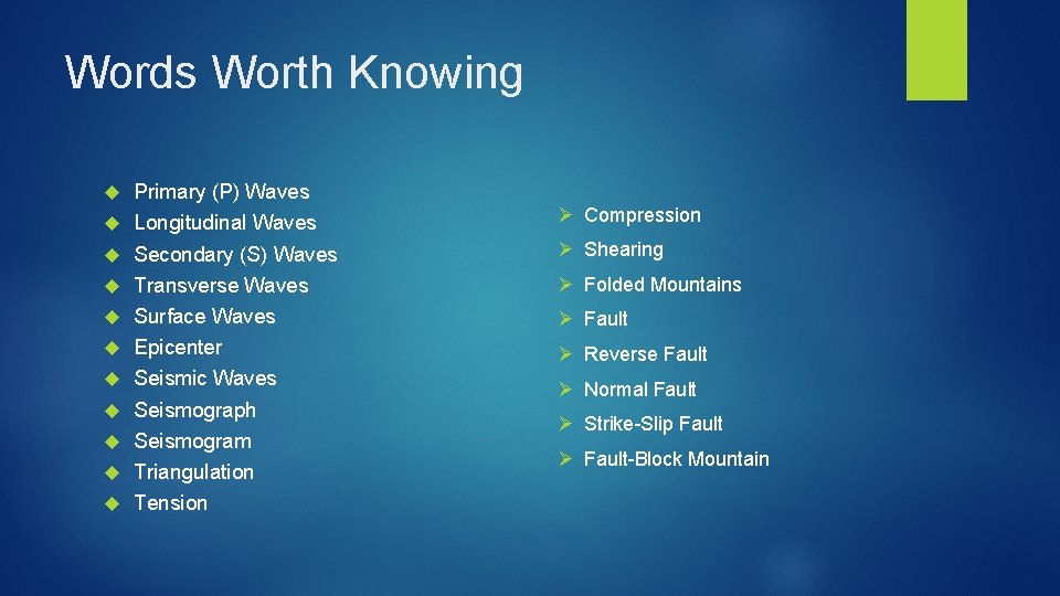 Words Worth Knowing Primary (P) Waves Longitudinal Waves Secondary (S) Waves Transverse Waves Surface