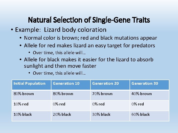 Natural Selection of Single-Gene Traits • Example: Lizard body coloration • Normal color is