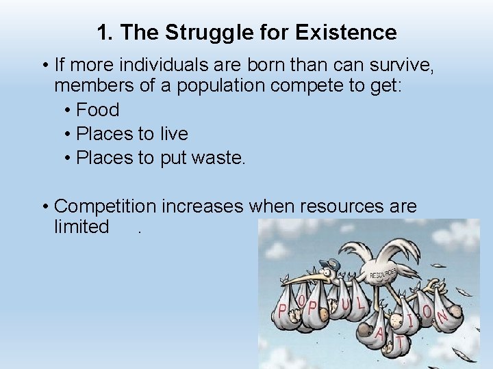 1. The Struggle for Existence • If more individuals are born than can survive,