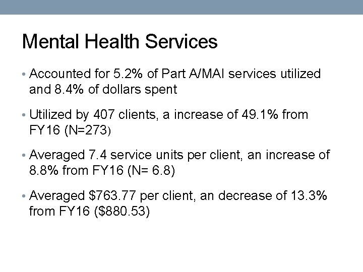 Mental Health Services • Accounted for 5. 2% of Part A/MAI services utilized and