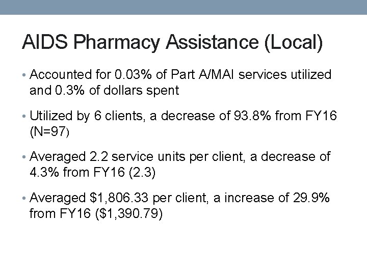 AIDS Pharmacy Assistance (Local) • Accounted for 0. 03% of Part A/MAI services utilized