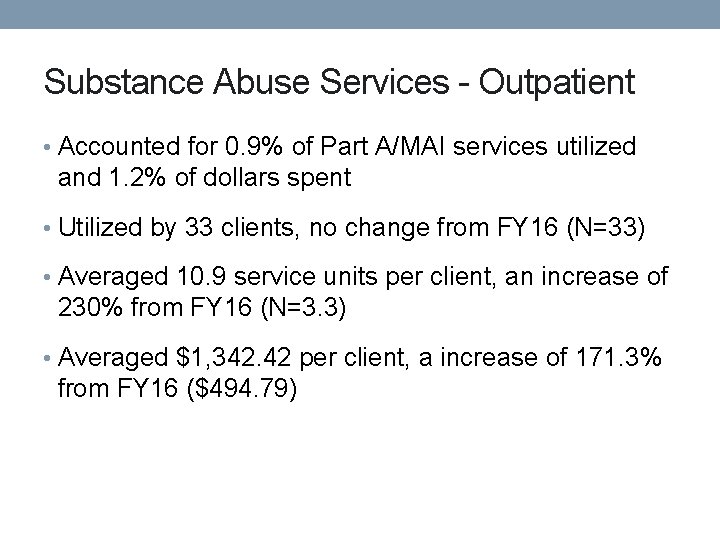 Substance Abuse Services - Outpatient • Accounted for 0. 9% of Part A/MAI services