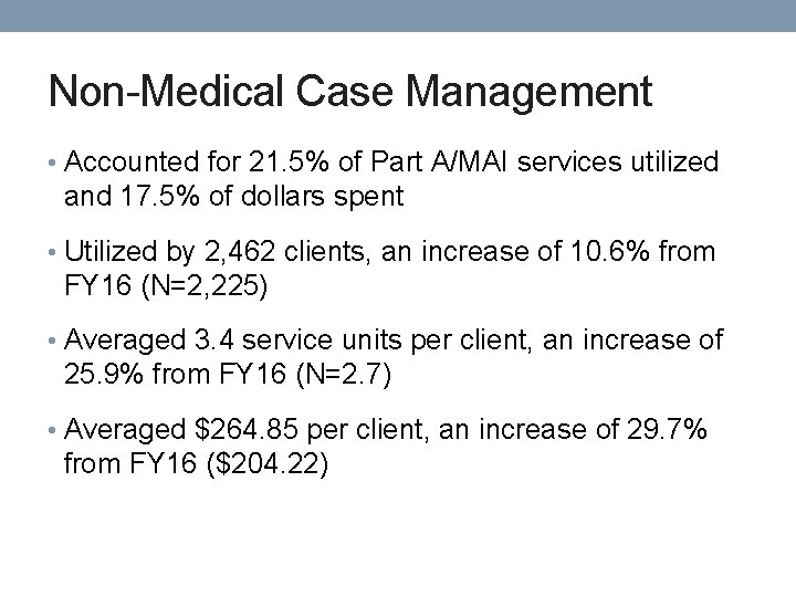 Non-Medical Case Management • Accounted for 21. 5% of Part A/MAI services utilized and