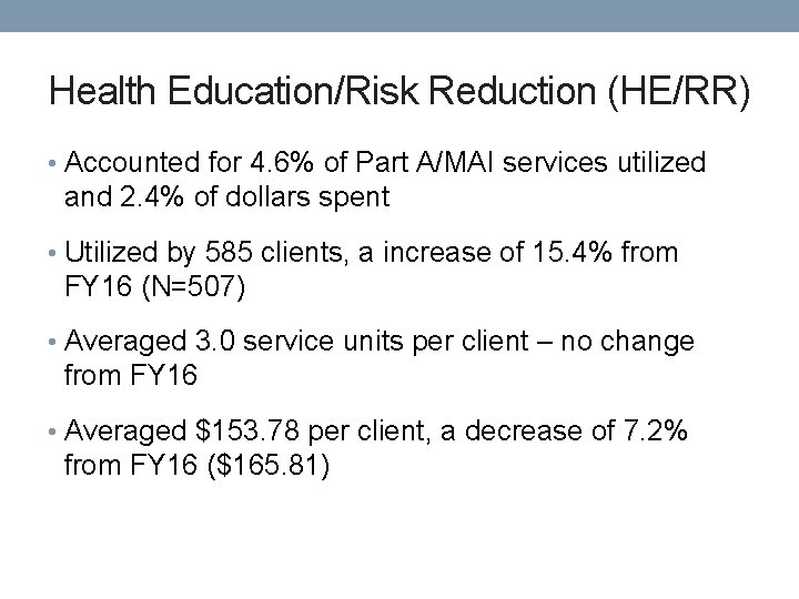 Health Education/Risk Reduction (HE/RR) • Accounted for 4. 6% of Part A/MAI services utilized