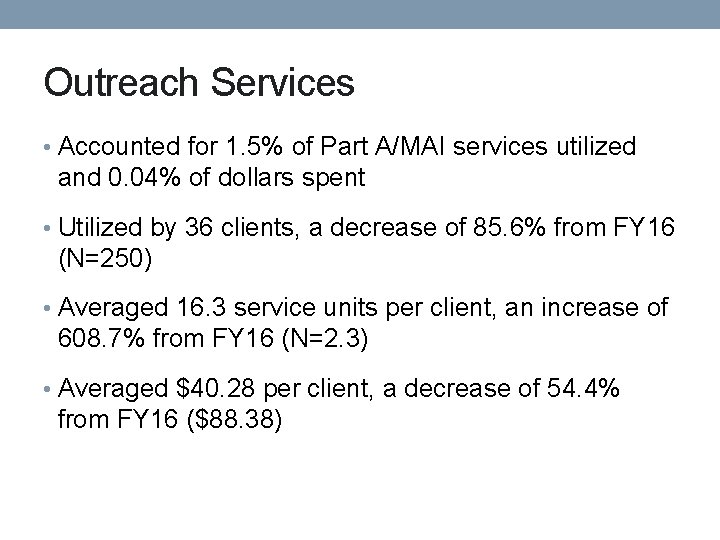 Outreach Services • Accounted for 1. 5% of Part A/MAI services utilized and 0.