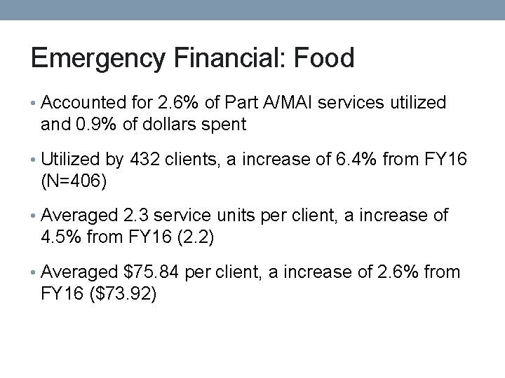 Emergency Financial: Food • Accounted for 2. 6% of Part A/MAI services utilized and