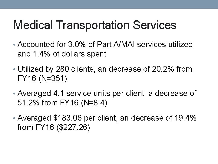 Medical Transportation Services • Accounted for 3. 0% of Part A/MAI services utilized and