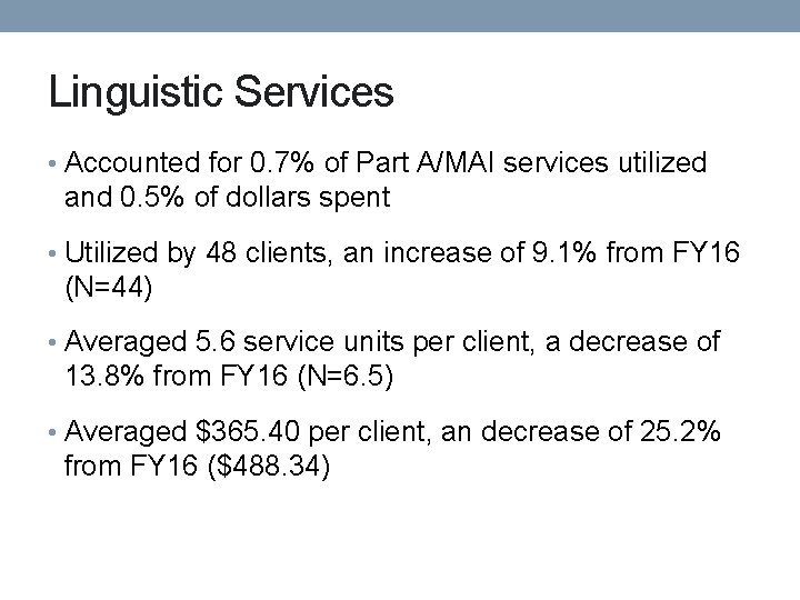 Linguistic Services • Accounted for 0. 7% of Part A/MAI services utilized and 0.