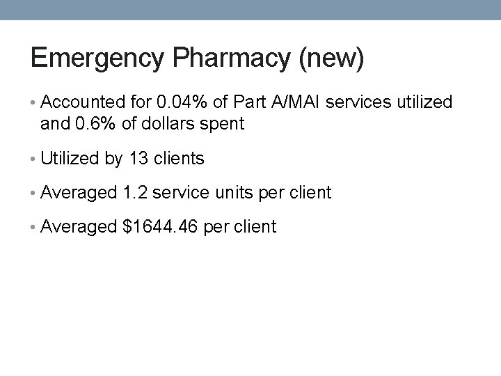 Emergency Pharmacy (new) • Accounted for 0. 04% of Part A/MAI services utilized and